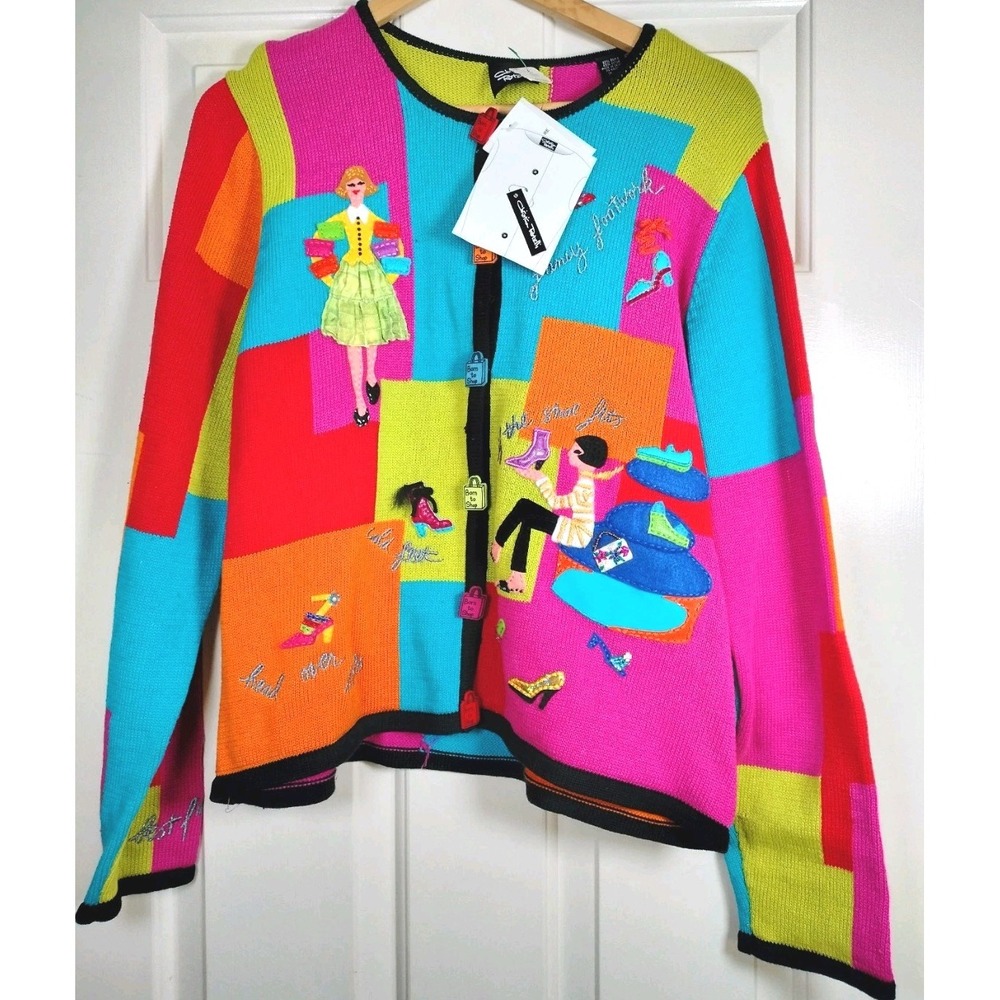 VTG 90s Christina Rotelli NWT Novelty Fashion Shoe Cardigan Sweater XL Cotton